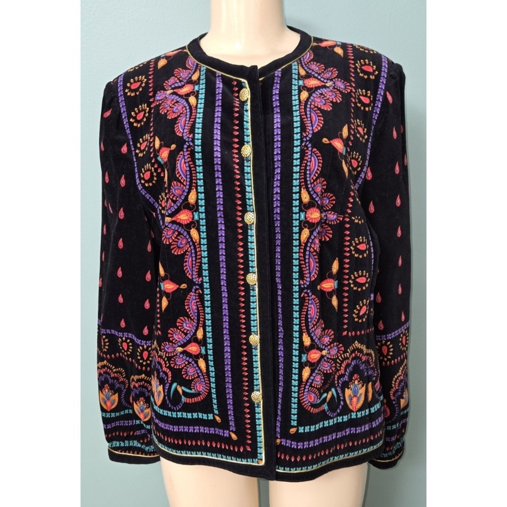 Vintage Saxton Hall Black Velvet Floral Jacket Gold Trim and Buttons Japan 16
